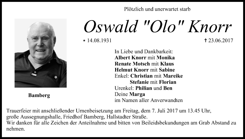  Traueranzeige für Oswald Knorr vom 05.07.2017 aus MGO
