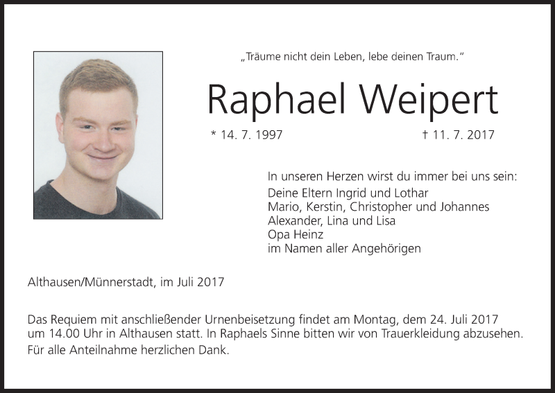  Traueranzeige für Raphael  Weipert vom 15.07.2017 aus MGO