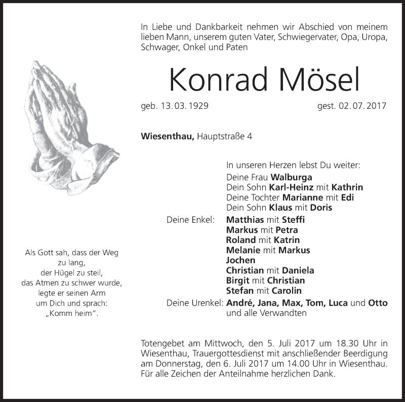  Traueranzeige für Konrad Mösel vom 04.07.2017 aus MGO