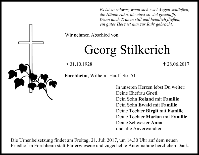  Traueranzeige für Georg Stilkerich vom 19.07.2017 aus MGO