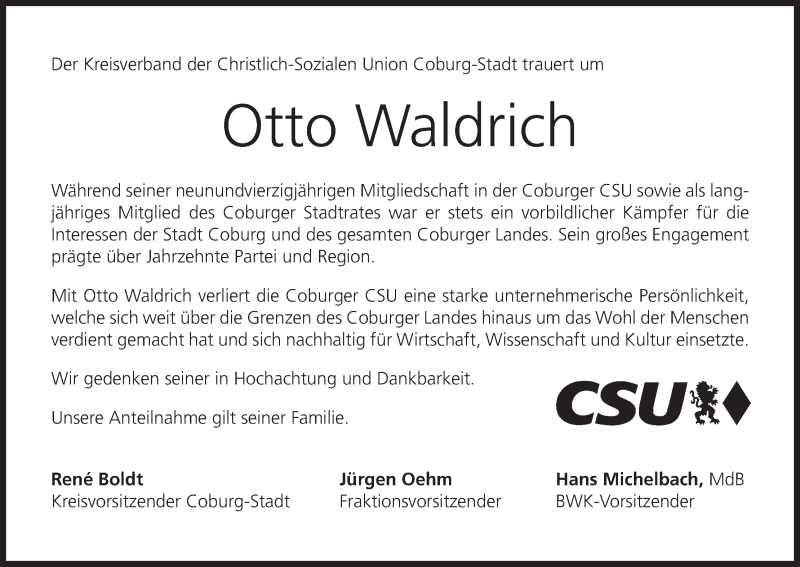  Traueranzeige für Otto Waldrich vom 19.07.2017 aus MGO