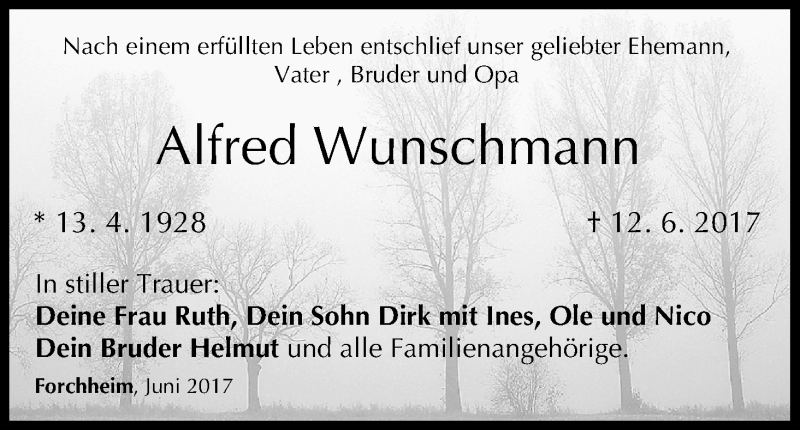  Traueranzeige für Alfred Wunschmann vom 22.07.2017 aus MGO