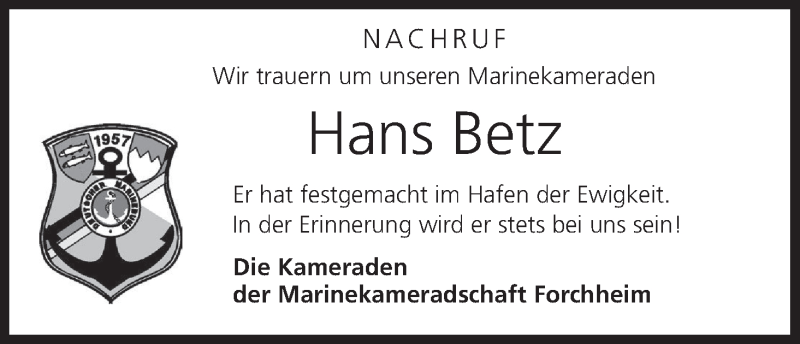  Traueranzeige für Hans Betz vom 27.07.2017 aus MGO