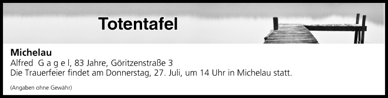  Traueranzeige für Totentafel vom 26.07.2017 vom 26.07.2017 aus MGO