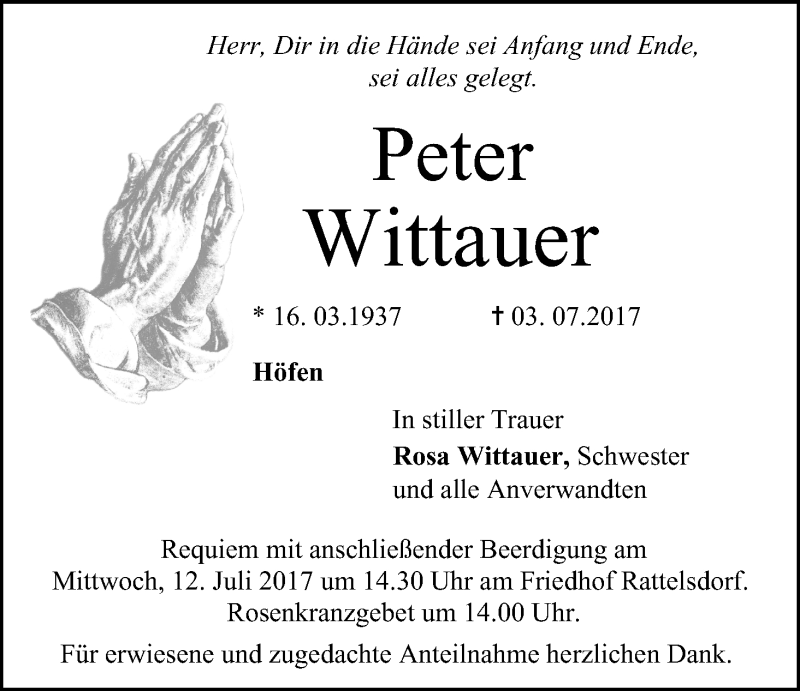  Traueranzeige für Peter Wittauer vom 10.07.2017 aus MGO