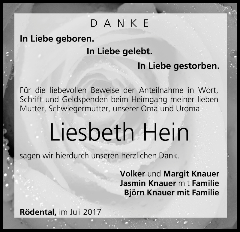  Traueranzeige für Liesbeth Hein vom 01.07.2017 aus MGO