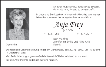 Anja Frey | Traueranzeige | trauer.inFranken.de