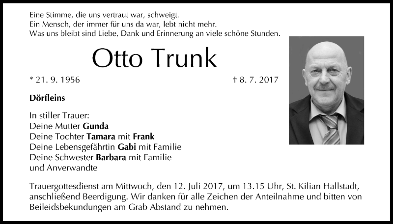  Traueranzeige für Otto Trunk vom 11.07.2017 aus MGO