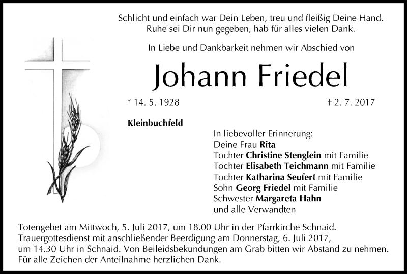  Traueranzeige für Johann Friedel vom 04.07.2017 aus MGO