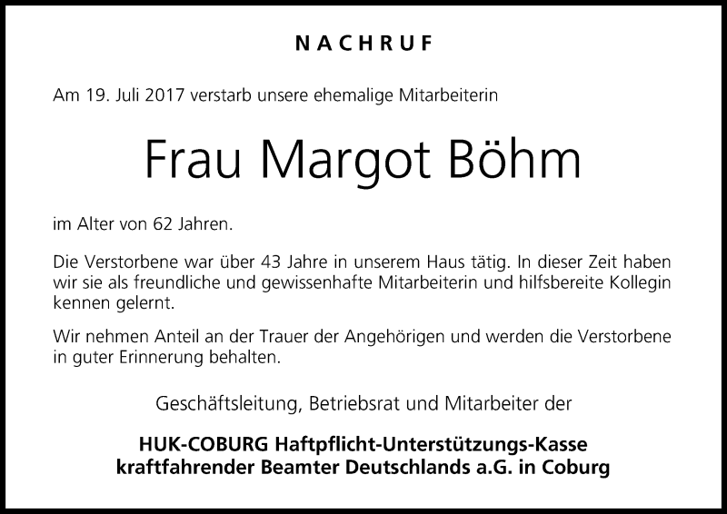  Traueranzeige für Margot Böhm vom 26.07.2017 aus MGO