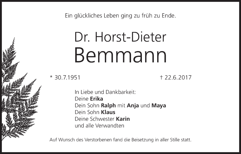  Traueranzeige für Horst-Dieter Bemmann vom 01.07.2017 aus MGO