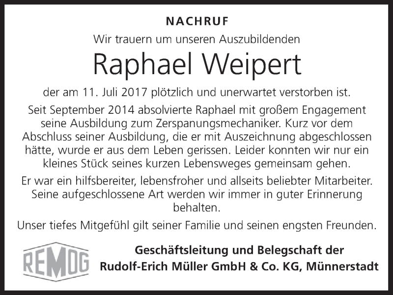  Traueranzeige für Raphael  Weipert vom 20.07.2017 aus MGO