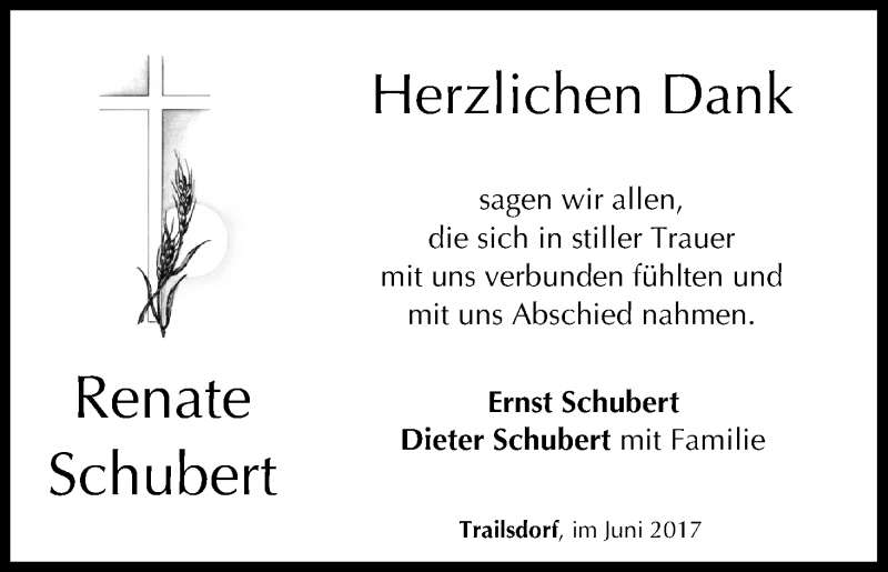  Traueranzeige für Renate Schubert vom 01.07.2017 aus MGO