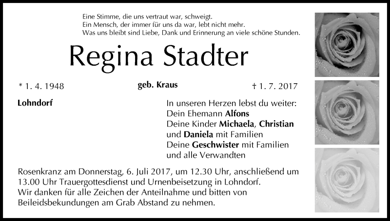  Traueranzeige für Regina Stadter vom 03.07.2017 aus MGO