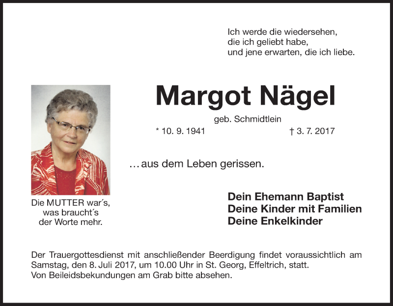  Traueranzeige für Margot Nägel vom 07.07.2017 aus MGO