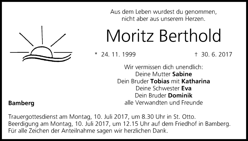  Traueranzeige für Moritz Berthold vom 07.07.2017 aus MGO