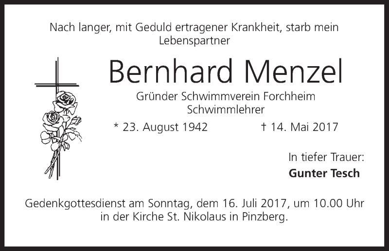  Traueranzeige für Bernhard Menzel vom 08.07.2017 aus MGO