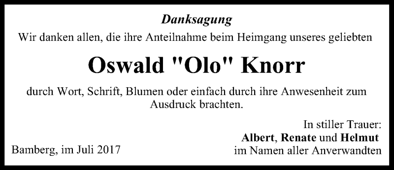 Traueranzeige für Oswald Knorr vom 15.07.2017 aus MGO
