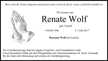Anzeige von Renate Wolf von MGO