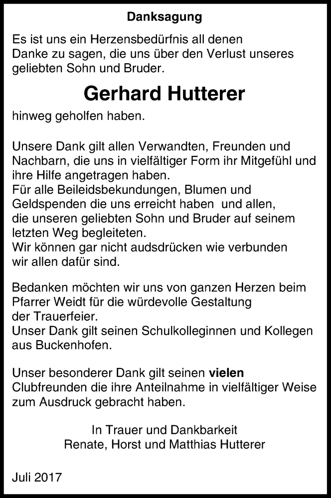  Traueranzeige für Gerhard Hutterer vom 29.07.2017 aus MGO