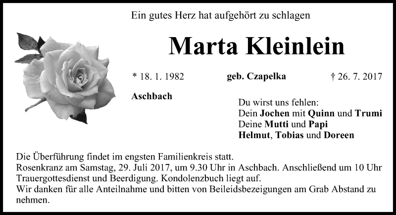  Traueranzeige für Marta Kleinlein vom 28.07.2017 aus MGO