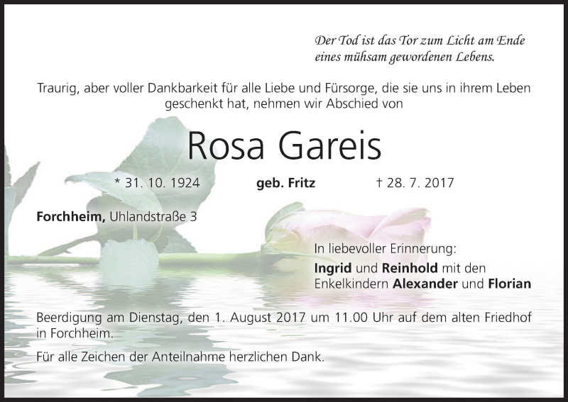  Traueranzeige für Rosa Gareis vom 31.07.2017 aus MGO
