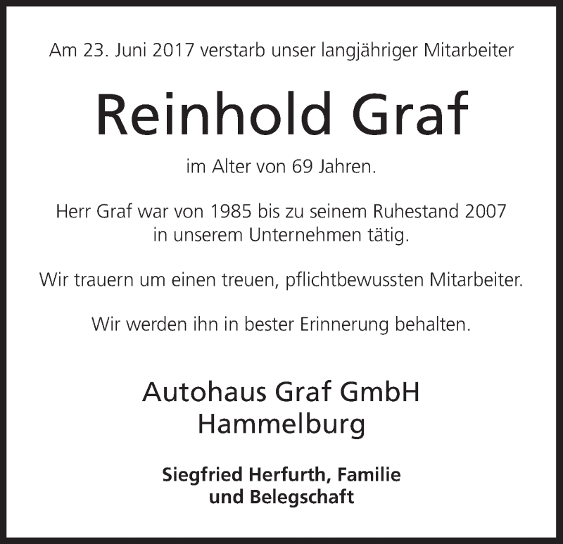  Traueranzeige für Reinhold Graf vom 01.07.2017 aus MGO