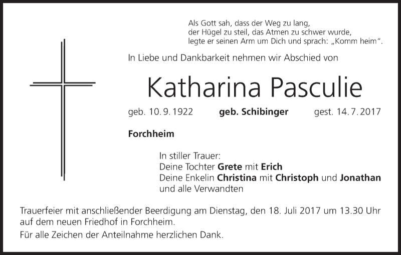  Traueranzeige für Katharina Pasculie vom 15.07.2017 aus MGO