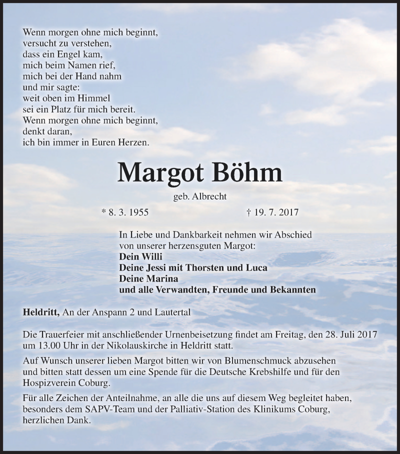  Traueranzeige für Margot Böhm vom 24.07.2017 aus MGO