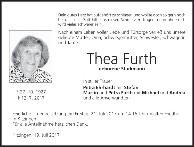  Traueranzeige für Thea Furth vom 19.07.2017 aus MGO