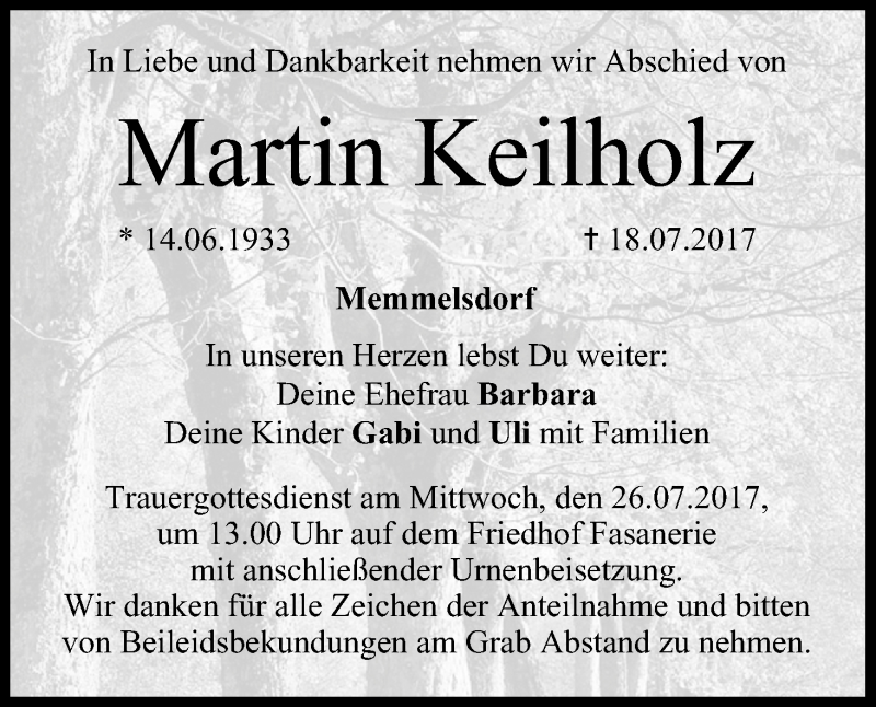  Traueranzeige für Martin Keilholz vom 22.07.2017 aus MGO