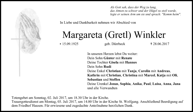  Traueranzeige für Margareta Winkler vom 01.07.2017 aus MGO