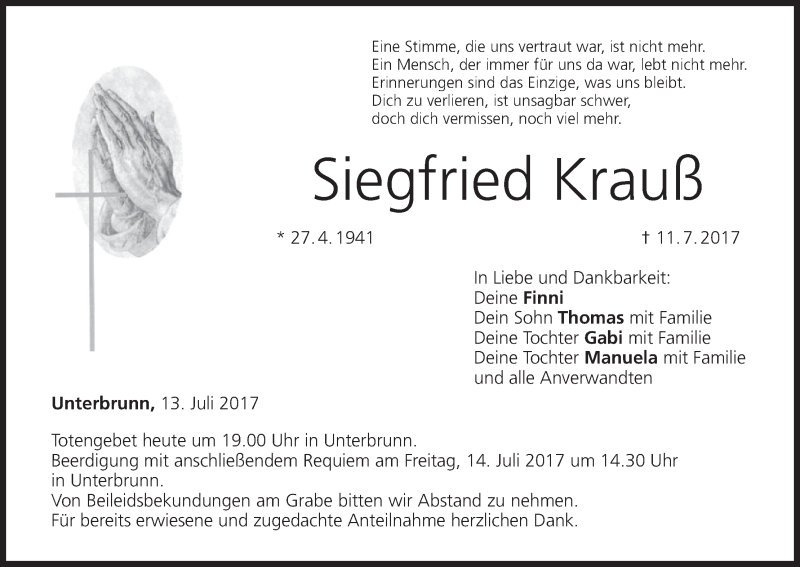  Traueranzeige für Siegfried Krauß vom 13.07.2017 aus MGO