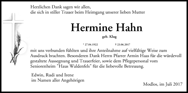  Traueranzeige für Hermine Hahn vom 08.07.2017 aus MGO