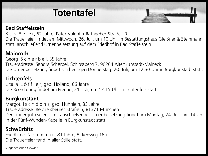  Traueranzeige für Totentafel vom 20.07.2017 vom 20.07.2017 aus MGO