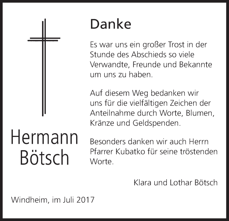  Traueranzeige für Hermann Bötsch vom 15.07.2017 aus MGO