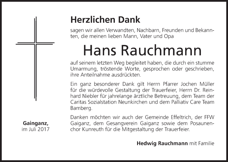 Traueranzeige für Hans Rauchmann vom 01.07.2017 aus MGO