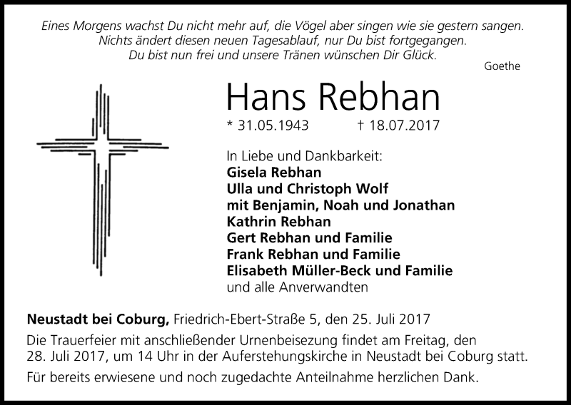  Traueranzeige für Hans Rebhan vom 25.07.2017 aus MGO