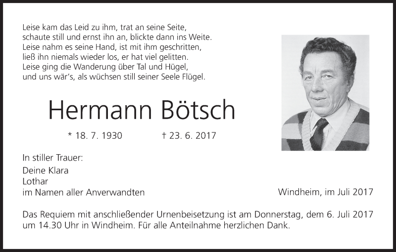  Traueranzeige für Hermann Bötsch vom 01.07.2017 aus MGO
