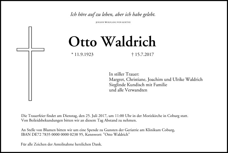  Traueranzeige für Otto Waldrich vom 18.07.2017 aus MGO