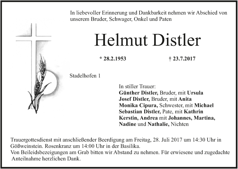  Traueranzeige für Helmut Distler vom 26.07.2017 aus MGO