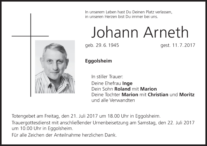  Traueranzeige für Johann Arneth vom 15.07.2017 aus MGO