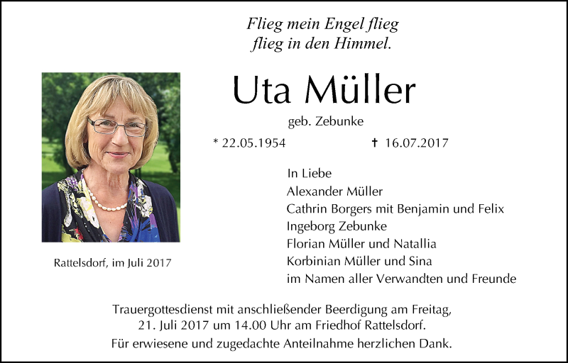  Traueranzeige für Uta Müller vom 18.07.2017 aus MGO