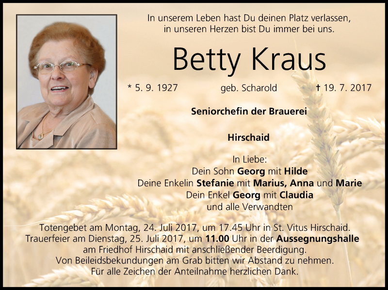  Traueranzeige für Betty Kraus vom 22.07.2017 aus MGO