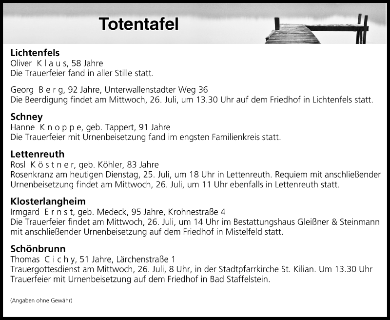  Traueranzeige für Totentafel vom 25.07.2017 vom 25.07.2017 aus MGO