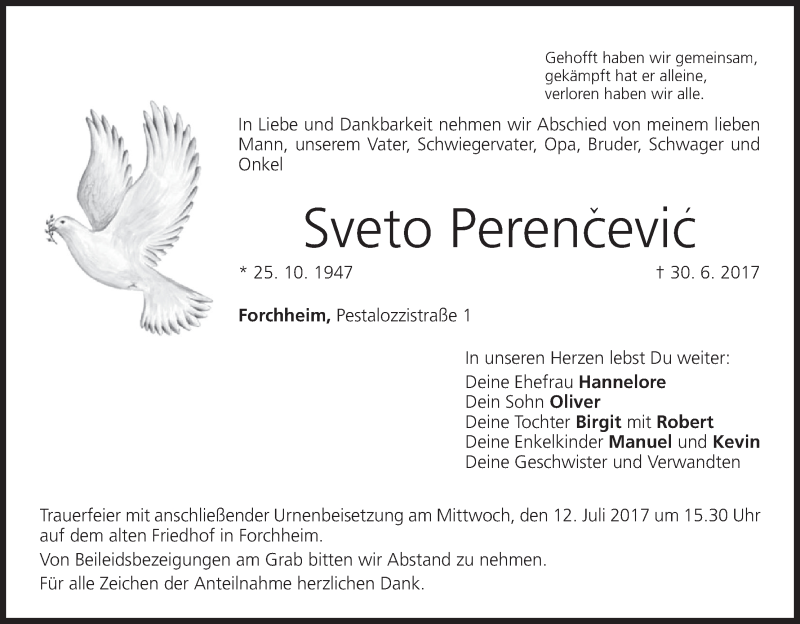 Traueranzeige für Sveto Perencevic vom 08.07.2017 aus MGO