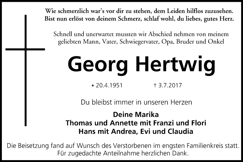  Traueranzeige für Georg Hertwig vom 15.07.2017 aus MGO