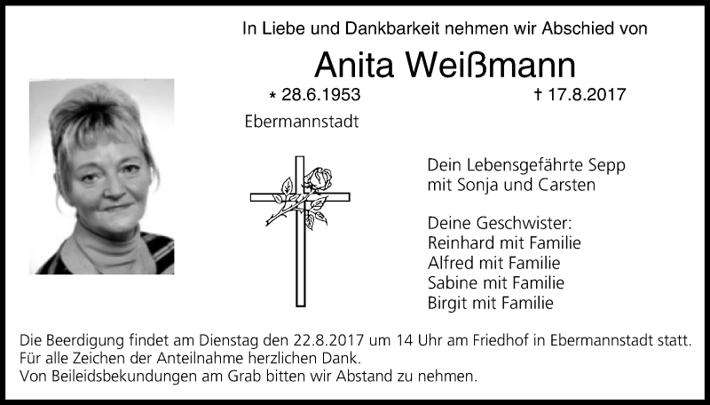  Traueranzeige für Anita Weißmann vom 19.08.2017 aus MGO