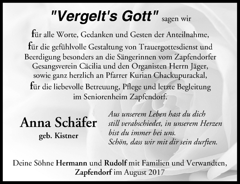  Traueranzeige für Anna Schäfer vom 26.08.2017 aus MGO
