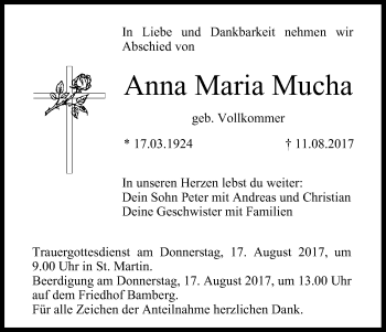 Traueranzeige von Anna Maria Mucha